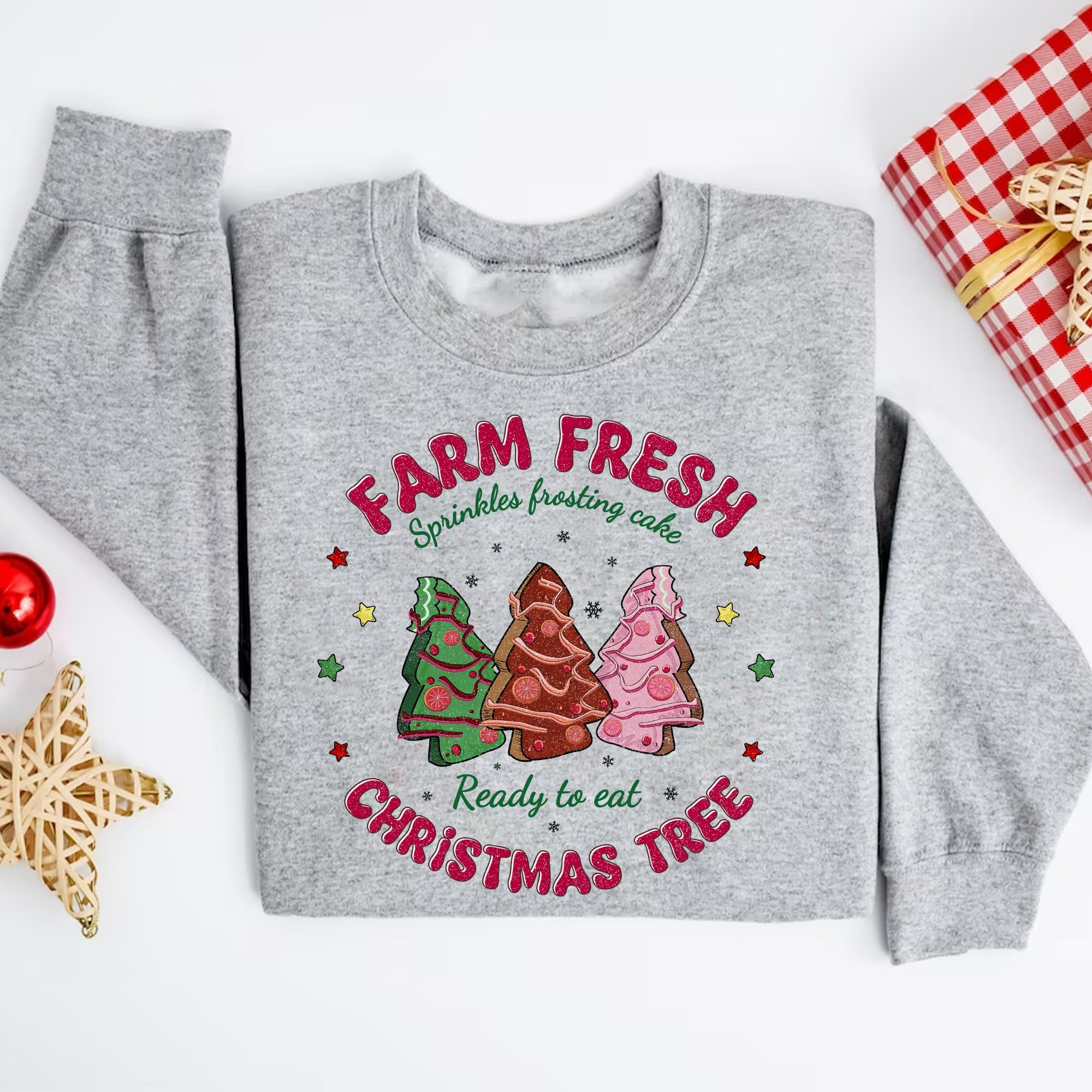 Sandjest Farm Fresh Christmas Tree Cake Sweatshirt, Christmas Tree Farm Sweater, Merry Christmas Shirt, Retro Christmas Sweater, Merry and Bright