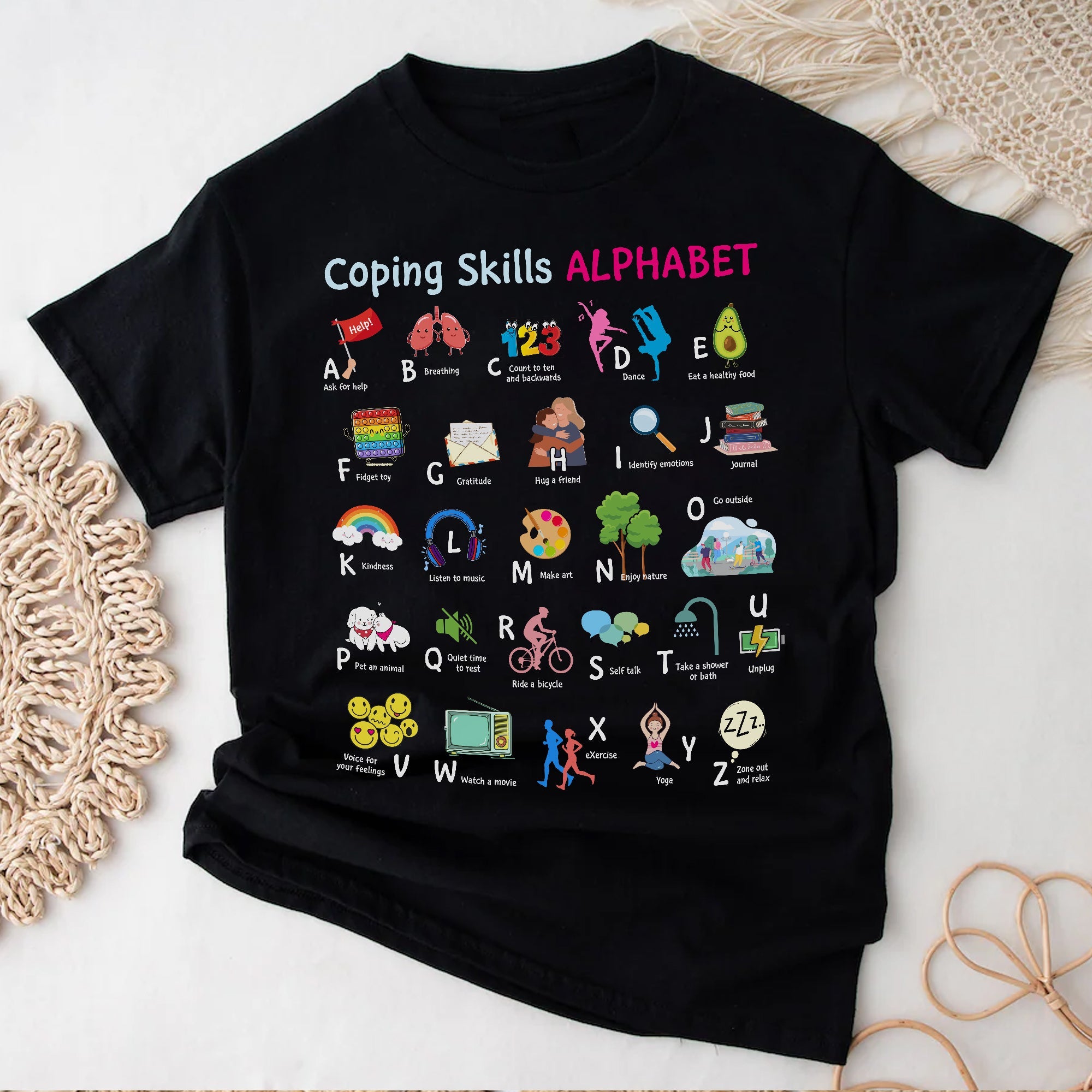 Sandjest Inspirational T-Shirt Coping Skills Alphabet Gift for Women Girl Friend