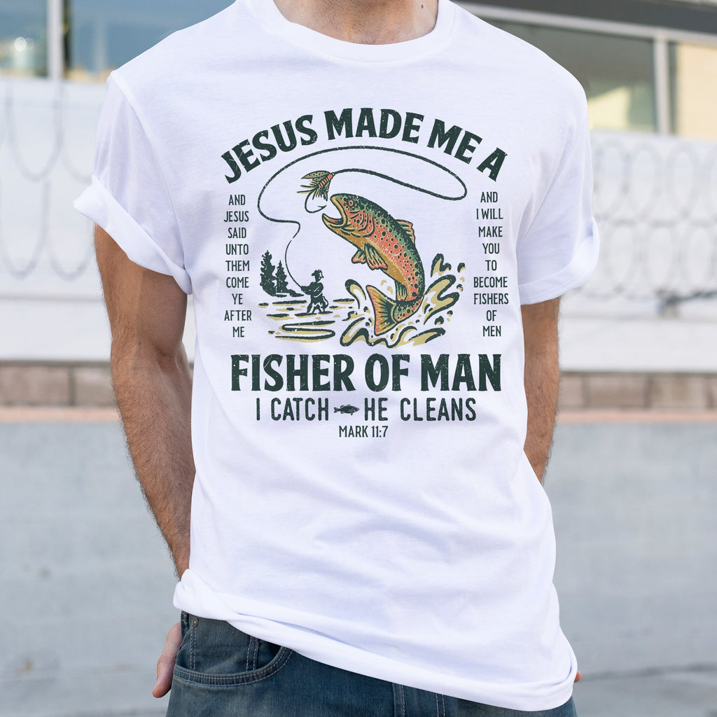 Sandjest Christian T-Shirt Jesus Made Me a Fisher of Man Gift for Women Girl Friend Jesus Lover Bible Lover