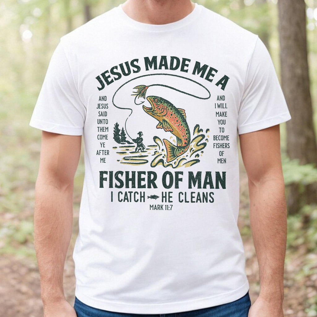 Sandjest Christian T-Shirt Jesus Made Me a Fisher of Man Gift for Women Girl Friend Jesus Lover Bible Lover