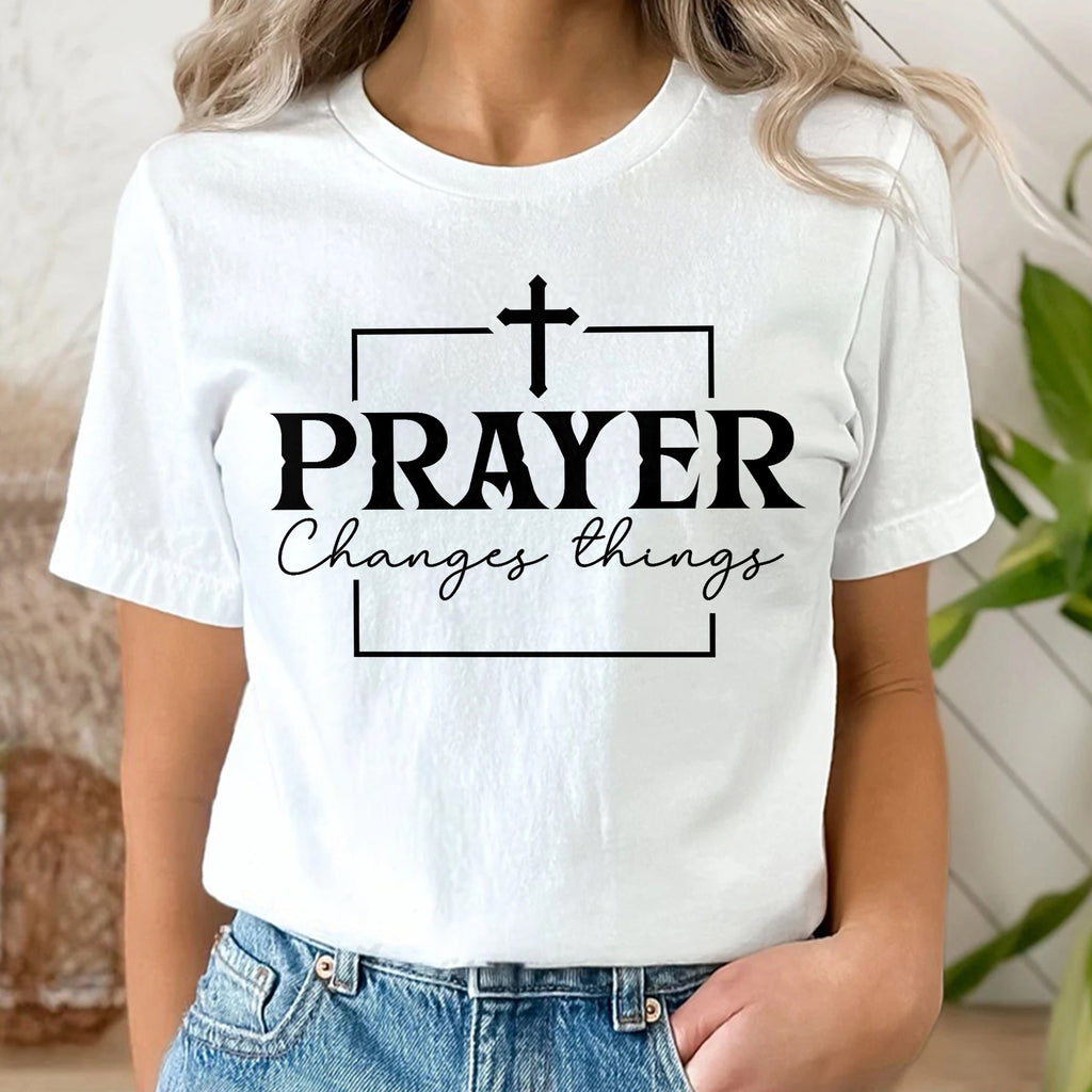 Sandjest Christian T-Shirt Prayer Changes Things Gift for Women Girl Jesus Lover Bible Lovers