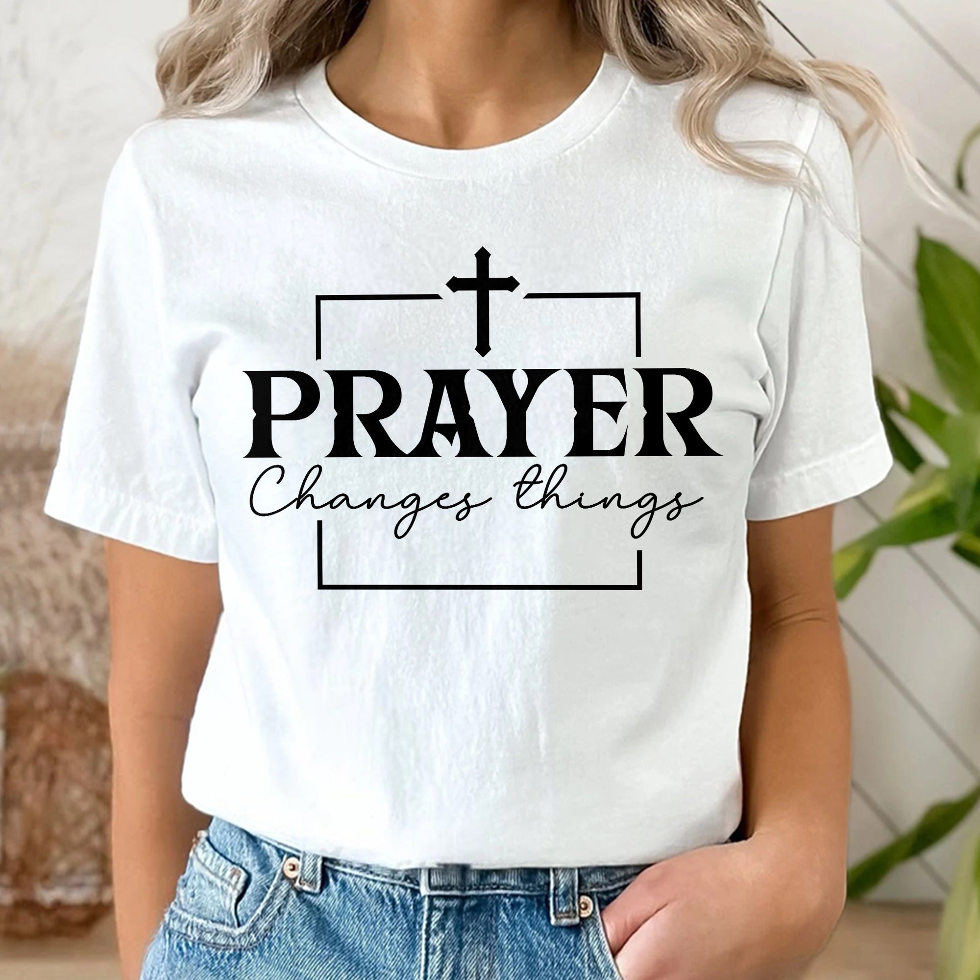Sandjest Christian T-Shirt Prayer Changes Things Gift for Women Girl Jesus Lover Bible Lovers