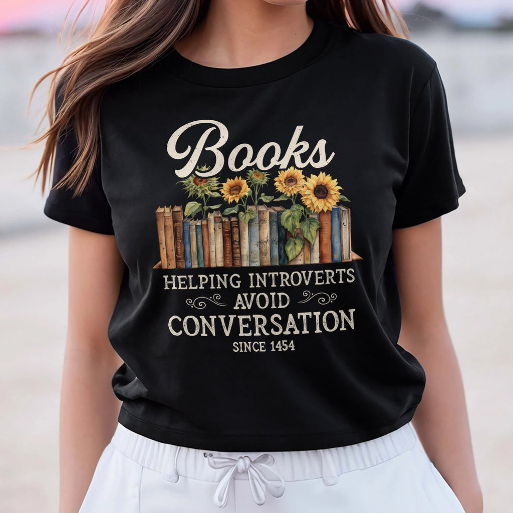 Sandjest Book Lover T-Shirt Books Helping Introverts Avoid Conversation Gift for Women Girl Friend