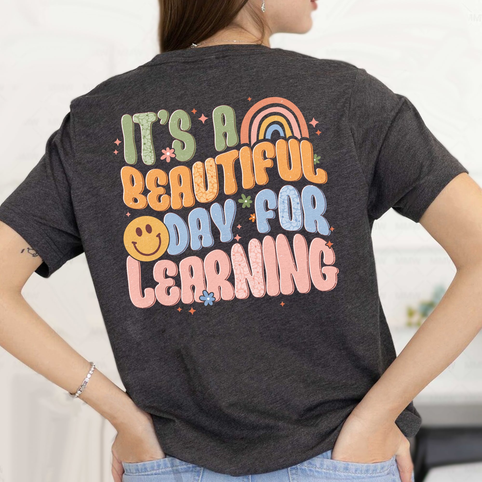 Sandjest Cute T-Shirt Teach Love Inspire Heart Pink Rainbow Gift for Teachers