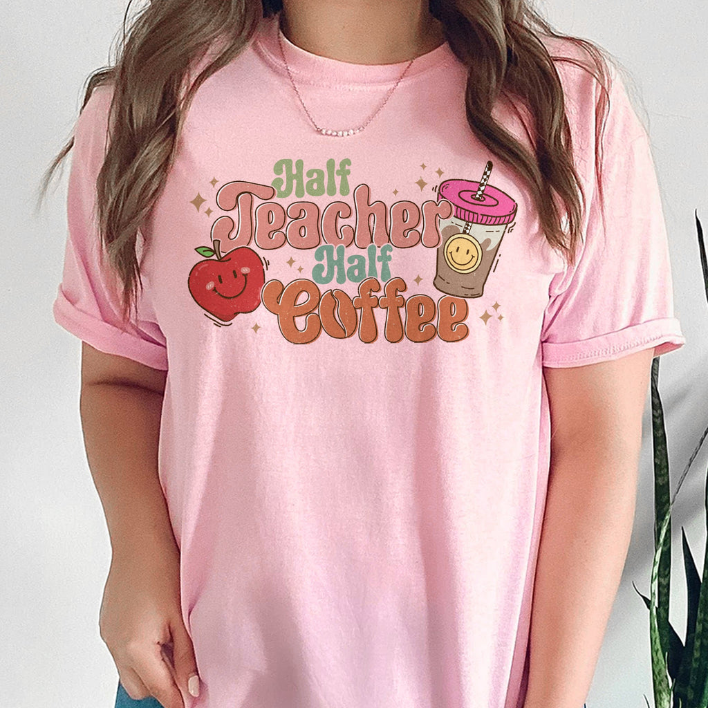 Sandjest Teacher T-Shirt Half Teacher Half Coffee Gift for Teachers Coffee Lovers Professors