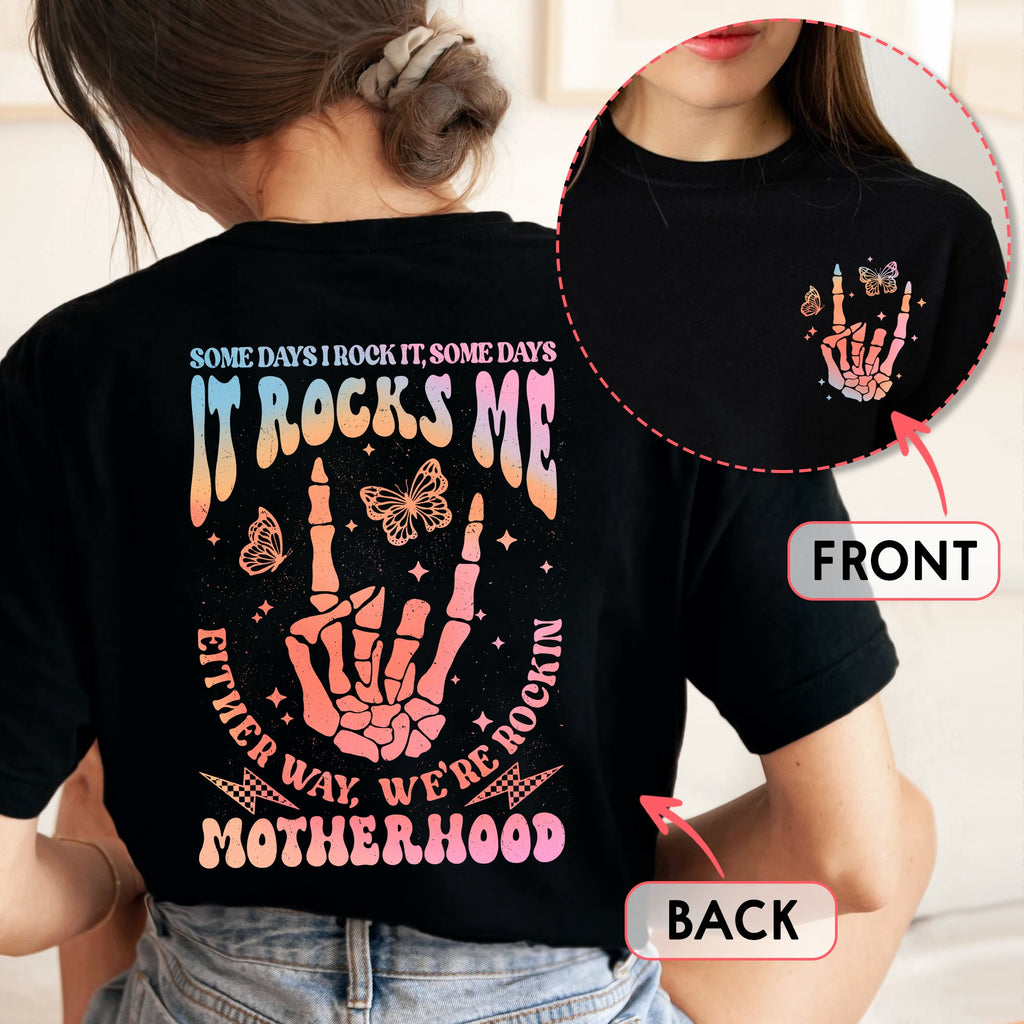 Sandjest Motherhood Shirt Hologram Style, Funny Mom Shirt, Skeleton Rocking Motherhood Graphic Tee, Trendy Mom Life Shirt, Shirt Gift for Cool Mom Cotton Fabric