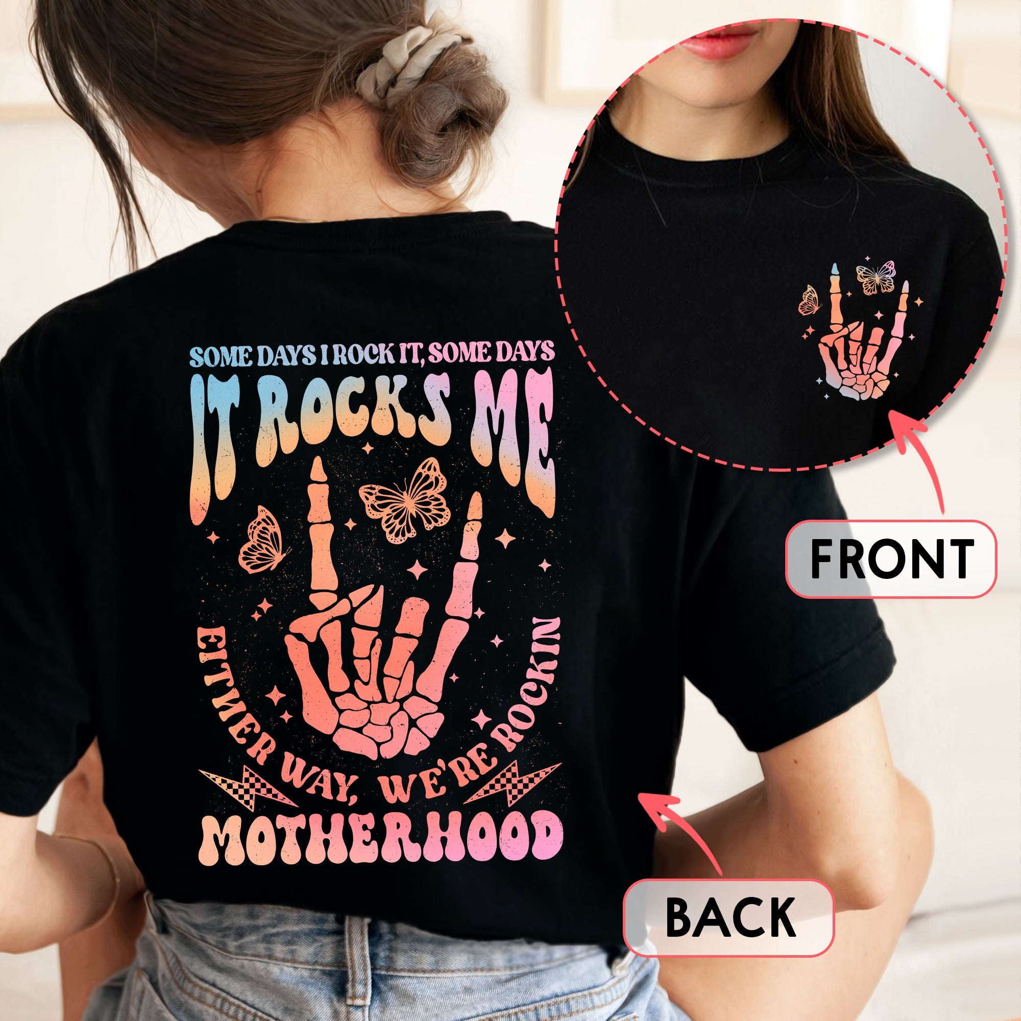 Sandjest Motherhood Shirt Hologram Style, Funny Mom Shirt, Skeleton Rocking Motherhood Graphic Tee, Trendy Mom Life Shirt, Shirt Gift for Cool Mom Cotton Fabric
