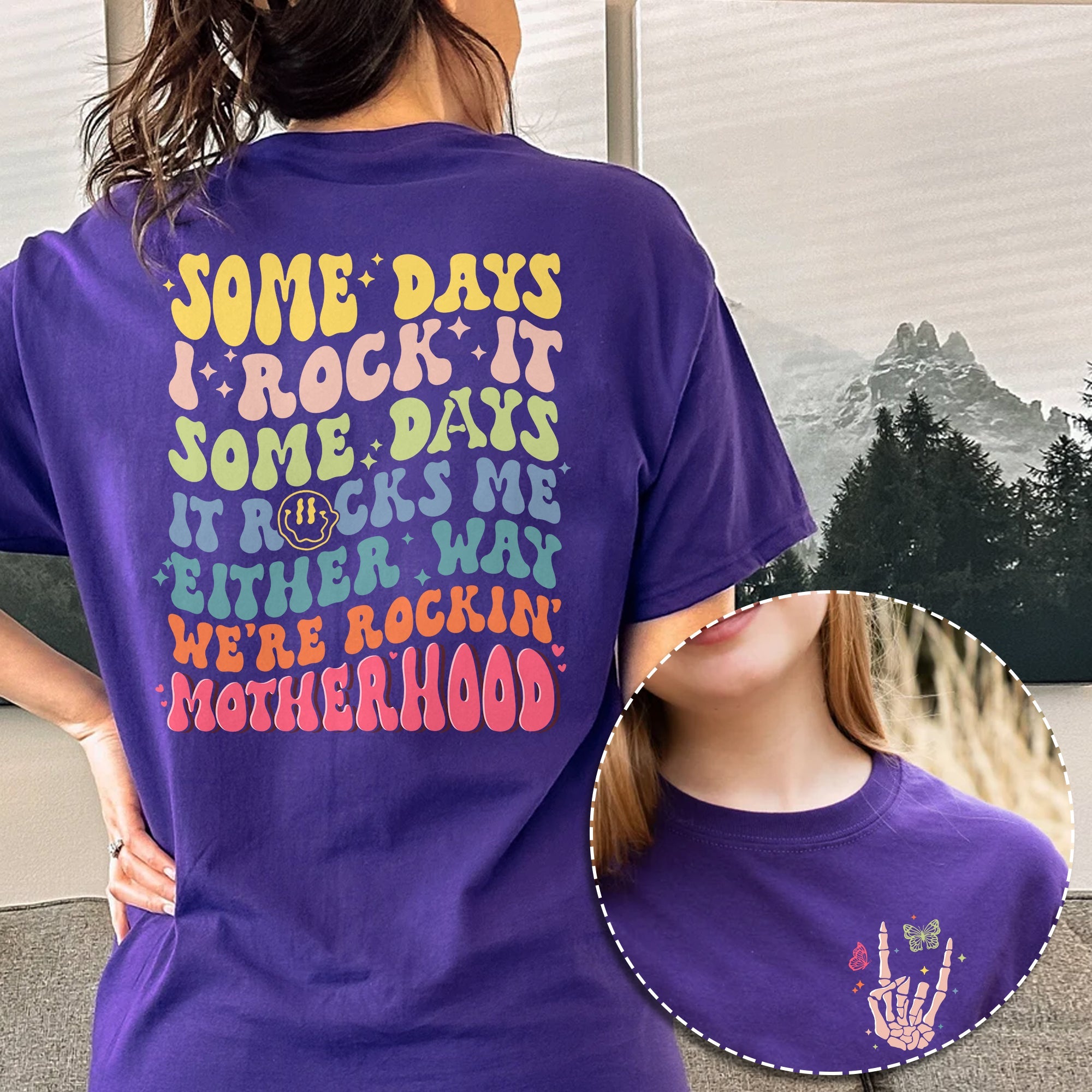 Sandjest Motherhood Shirt Groovy Retro Style, Funny Mom Shirt, Skeleton Rocking Motherhood Graphic Tee, Trendy Mom Life Shirt, Shirt Gift for Cool Mom
