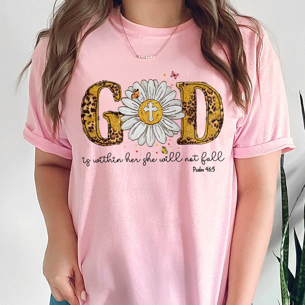 Sandjest Christian T-Shirt God Is Within Her She Will Not Fall Leopard Style Gift for Jesus Lover Bible Lovers