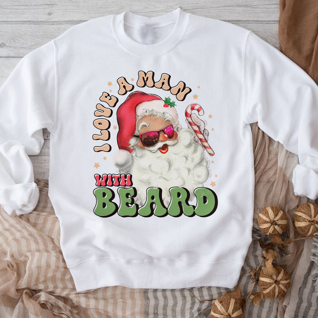 Sandjest I Love a Man With A Beard Santa Tshirt, Funny Santa Beard Shirt, Cute Christmas for Women, Graphic Christmas Tee, Santa Xmas