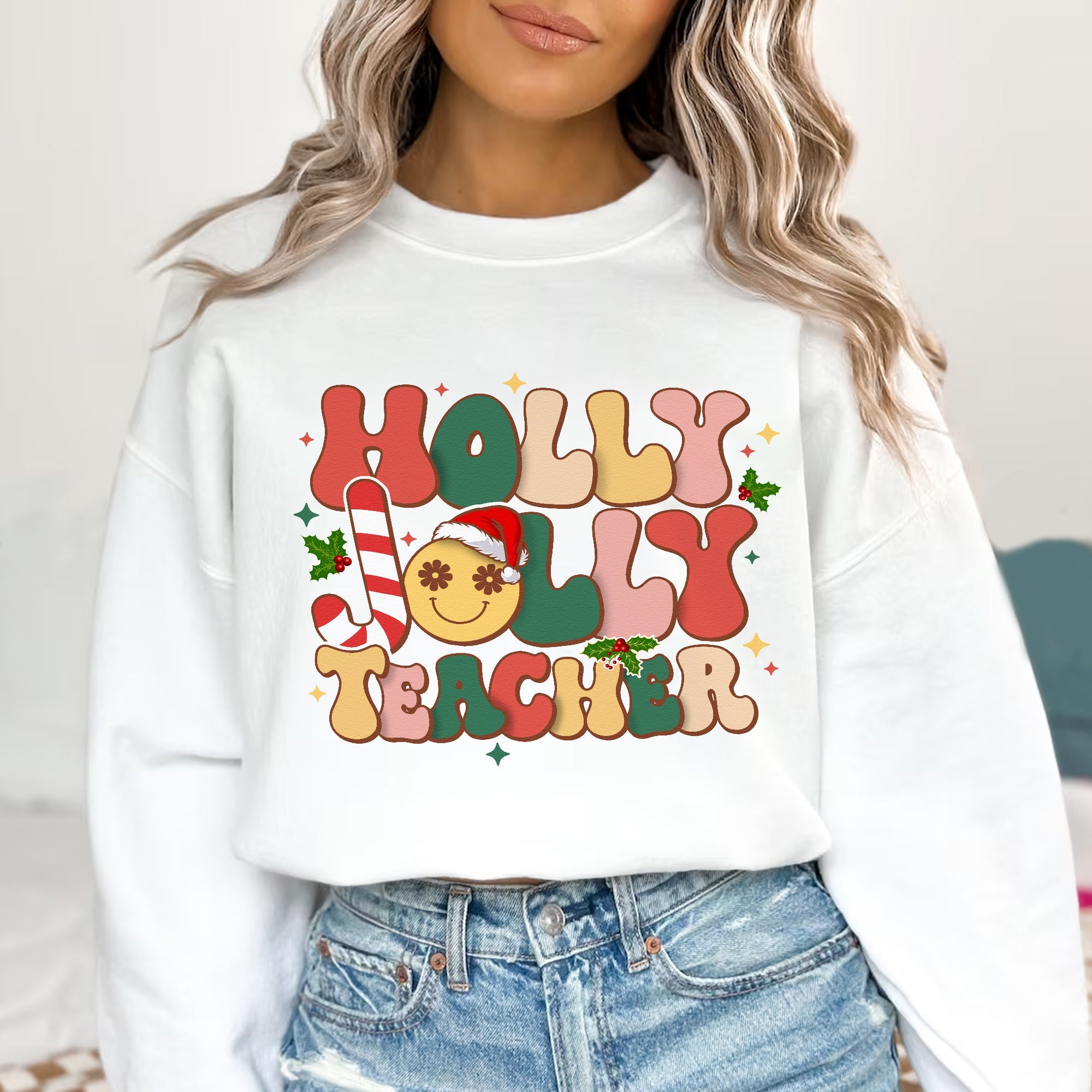 Sandjest Teacher Christmas Tshirt, Holly Jolly Teacher, Cute Christmas Holiday Class Party Tshirt, Christmas Gift for Teacher