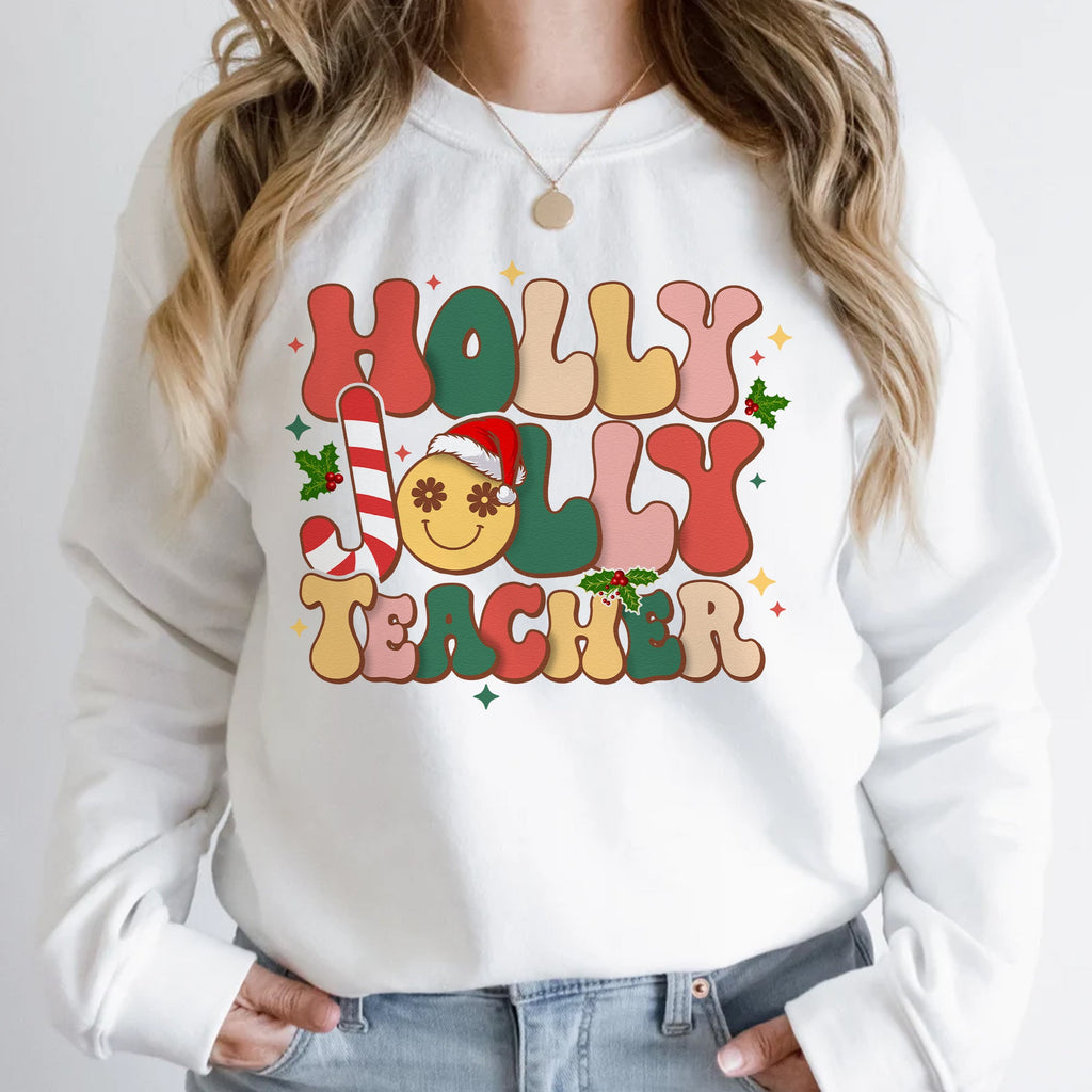 Sandjest Teacher Christmas Tshirt, Holly Jolly Teacher, Cute Christmas Holiday Class Party Tshirt, Christmas Gift for Teacher