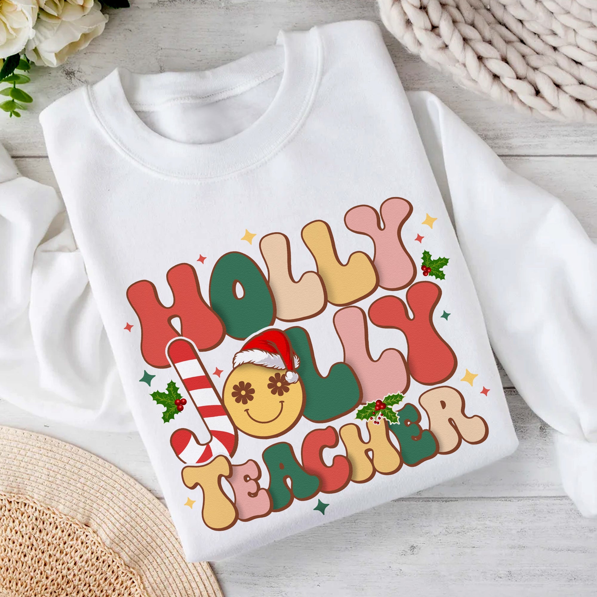 Sandjest Teacher Christmas Tshirt, Holly Jolly Teacher, Cute Christmas Holiday Class Party Tshirt, Christmas Gift for Teacher
