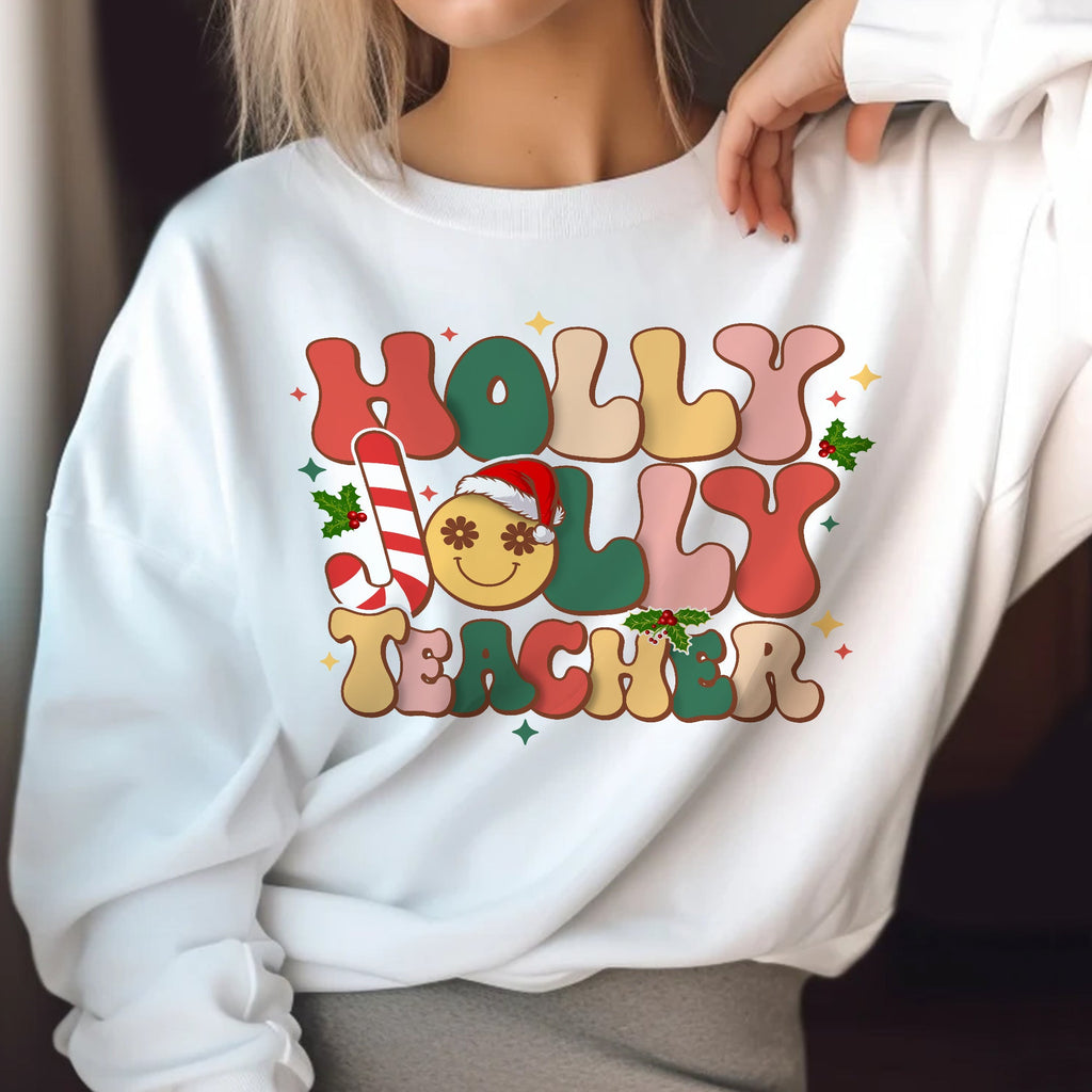 Sandjest Teacher Christmas Tshirt, Holly Jolly Teacher, Cute Christmas Holiday Class Party Tshirt, Christmas Gift for Teacher