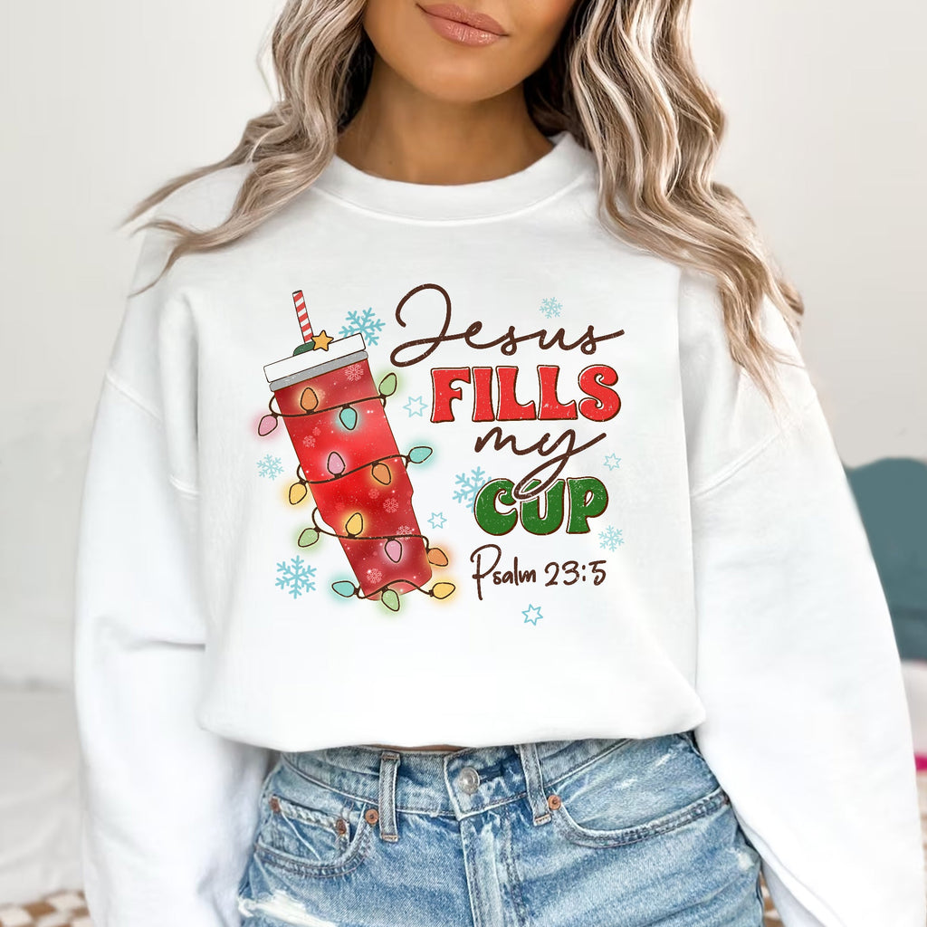 Sandjest Christmas Crewneck Sweatshirt Jesus Fills My Cup Gift for Bible Lover Christians
