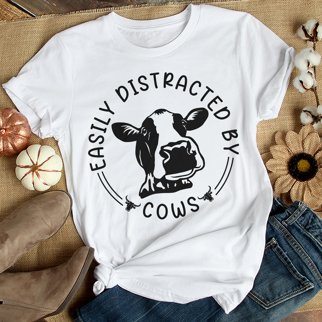 Sandjest Cow Lover T-Shirt Easily Distracted by Cows Gift for Women Girl Boy Men