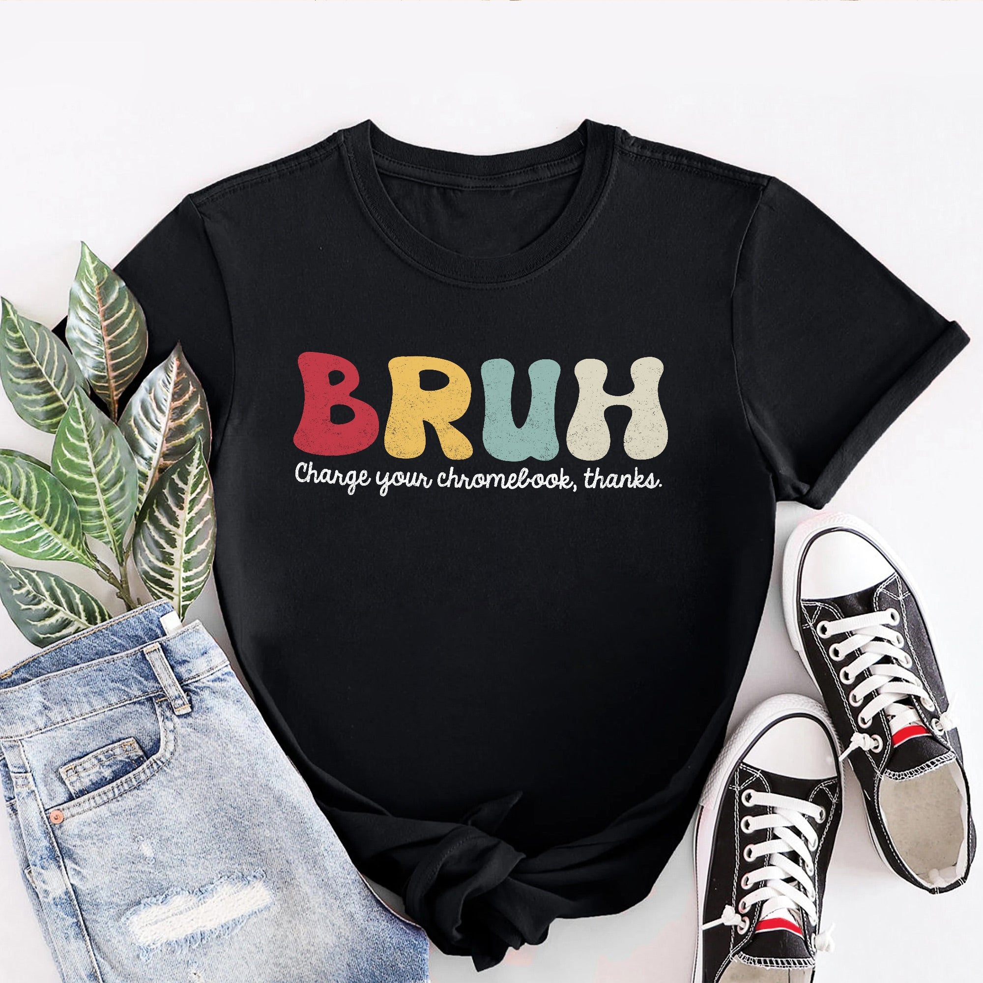 Sandjest Teacher T-Shirt Bruh Charge Your Chromebook Thanks Gift for Women Girl Friends