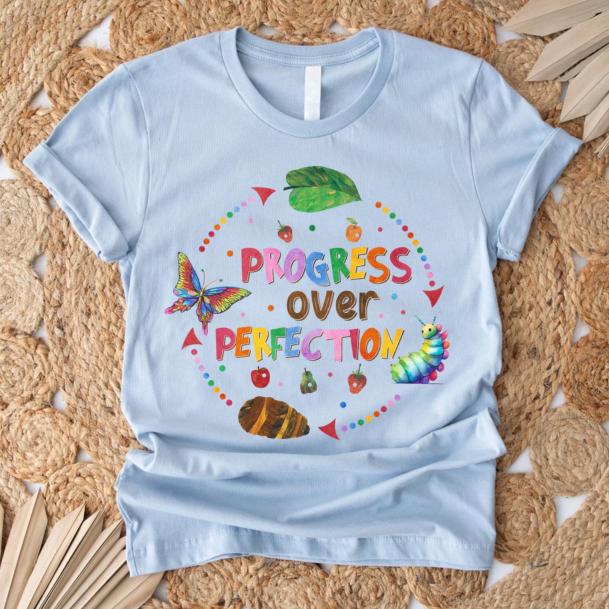 Sandjest Progress Over Perfection Teacher Shirt, Butterflies School Gift for Teacher, Happy First Day of School, Back to School, Funny Teacher T-Shirt