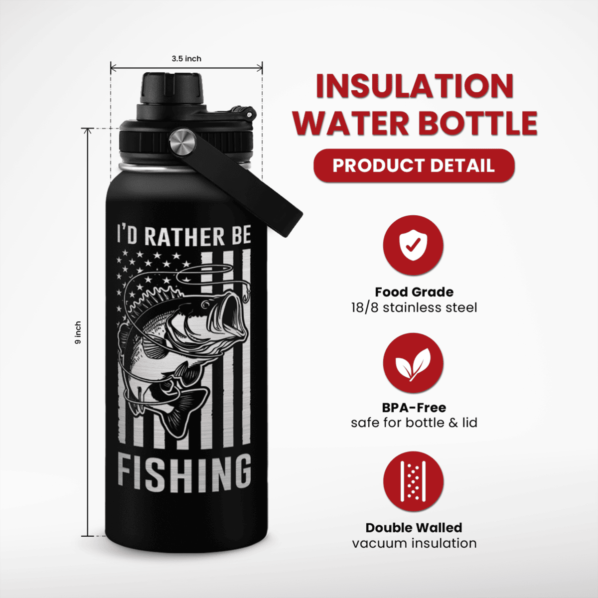 Black Fishing Chug Lid Water Bottle 32oz