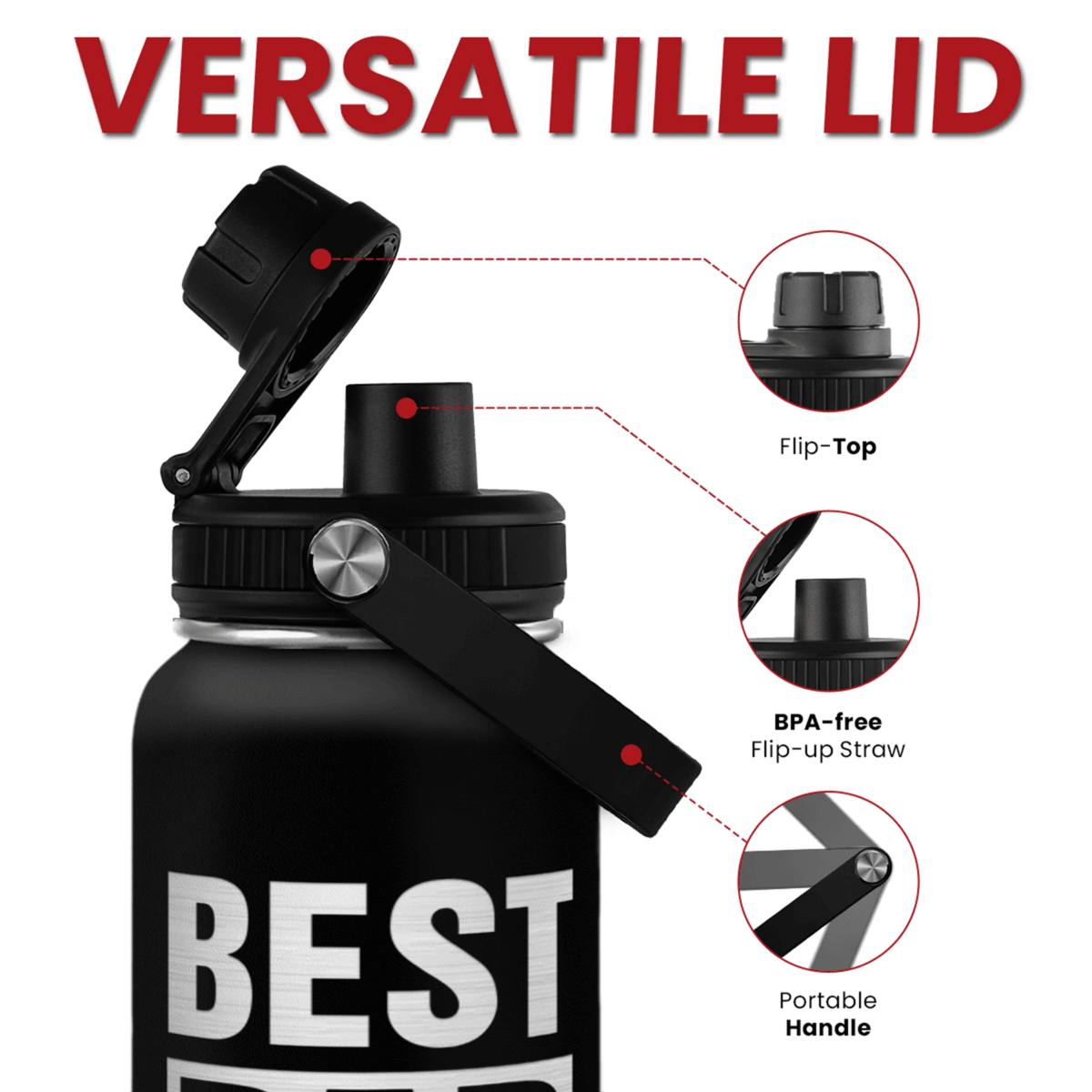 Best Dad Ever Insulated Water Bottle 32oz with 3-in-1 Lid