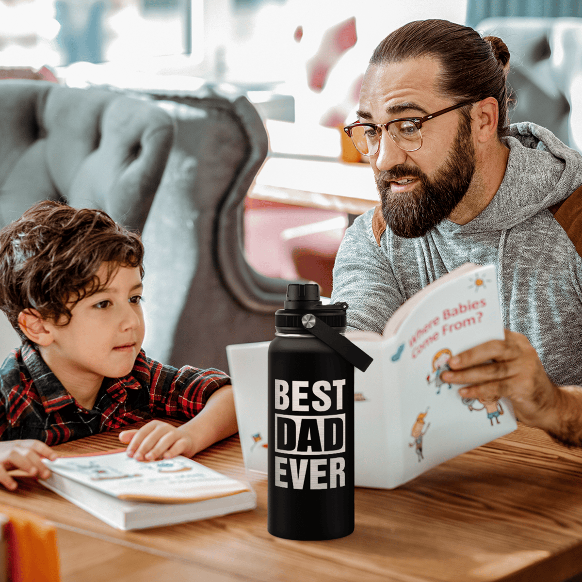 Best Dad Ever Insulated Water Bottle 32oz with 3-in-1 Lid