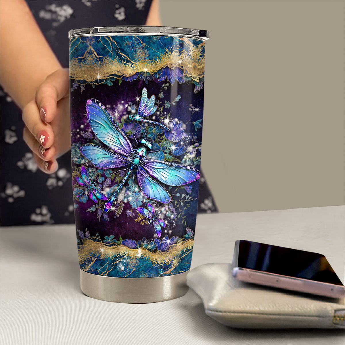 Navy Dragonfly Stainless Steel Curved Tumbler 20oz