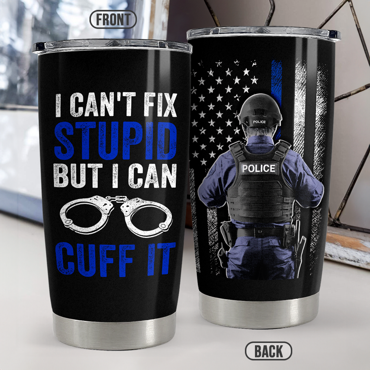 Black Police Stainless Steel Curved Tumbler 20oz