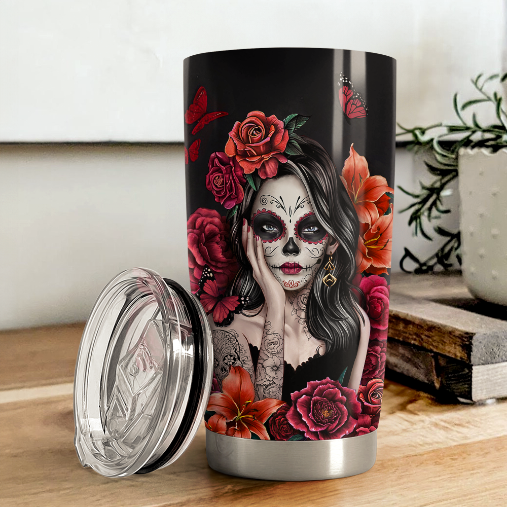 Black Sugar Skull Stainless Steel Curved Tumbler 20oz