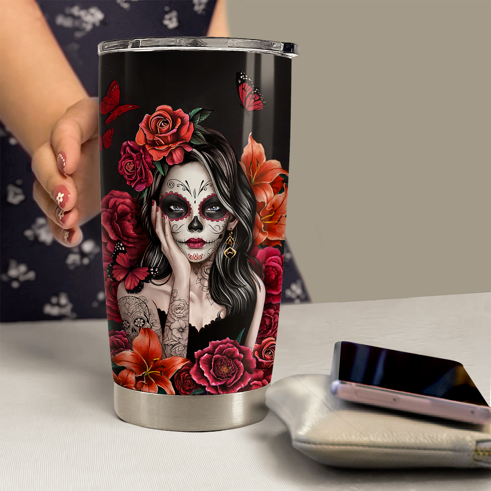 Black Sugar Skull Stainless Steel Curved Tumbler 20oz