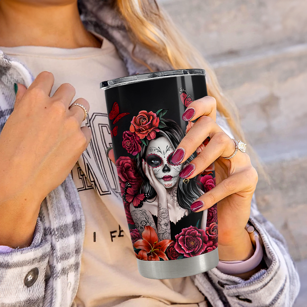 Black Sugar Skull Stainless Steel Curved Tumbler 20oz