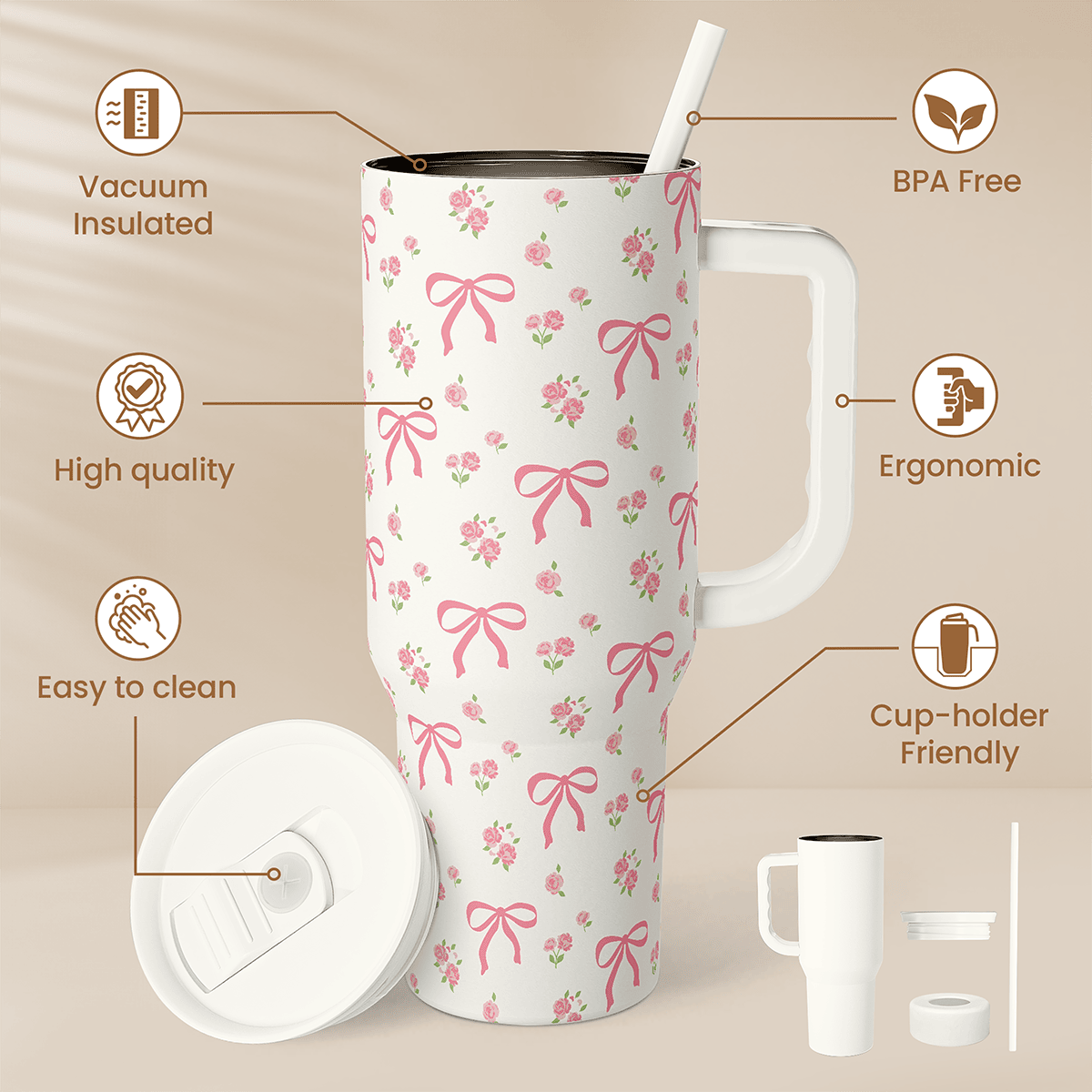White Bow Slidemate | Slider Tumbler with Handle 40oz