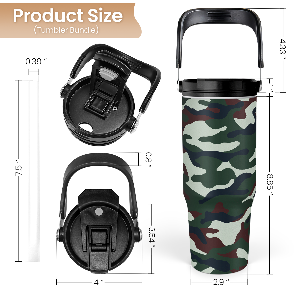 Camo Camouflage Flip Straw Tumbler with Handle 30oz