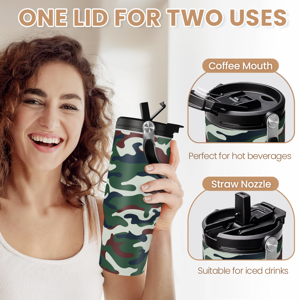 Camo Camouflage Flip Straw Tumbler with Handle 30oz