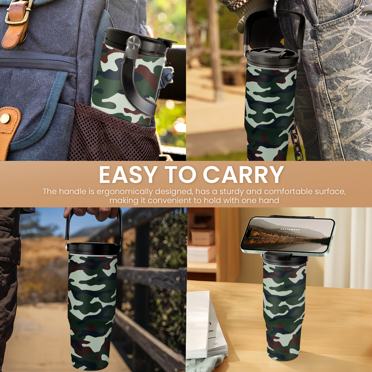Camo Camouflage Flip Straw Tumbler with Handle 30oz