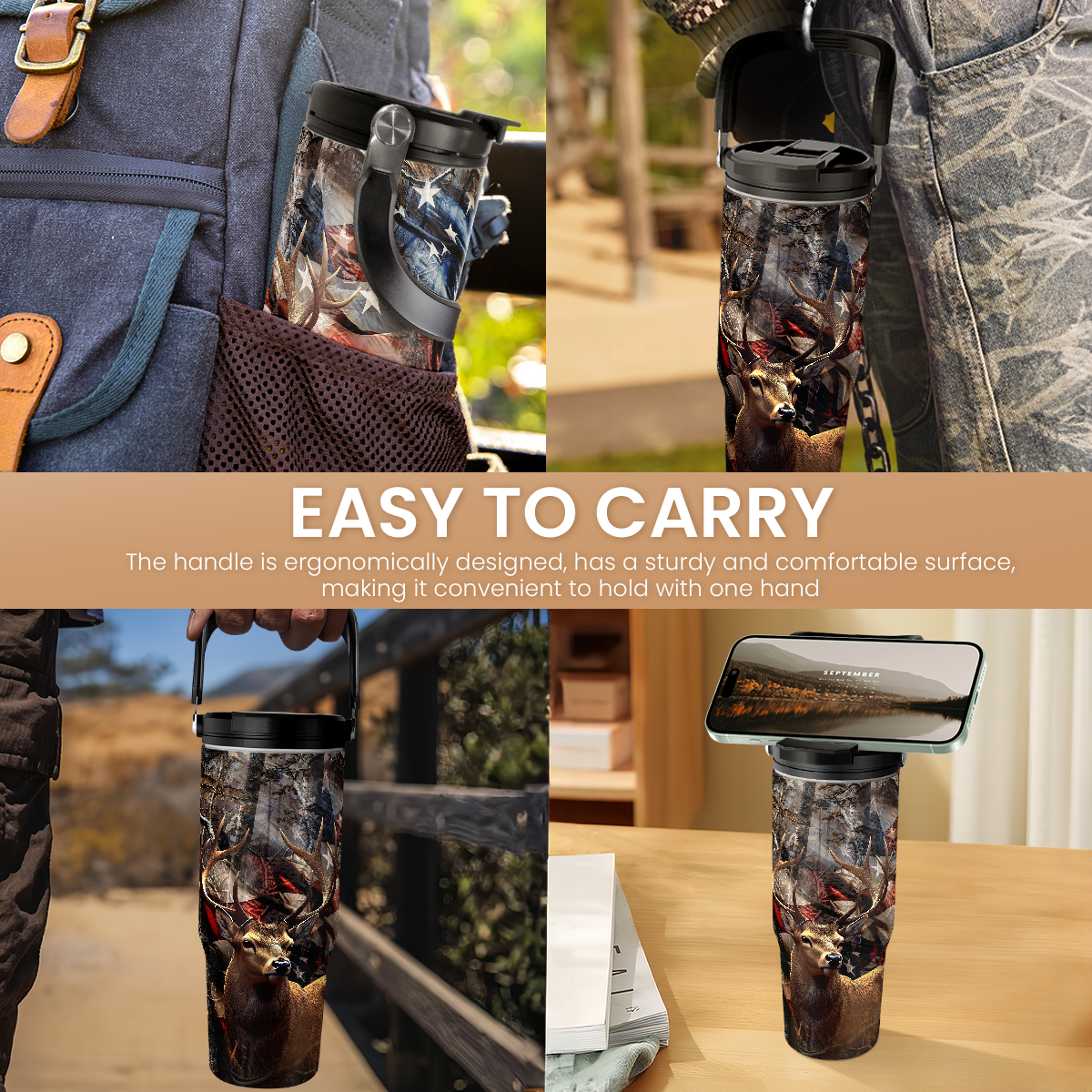 Brown Hunting Flip Straw Tumbler with Handle 30oz