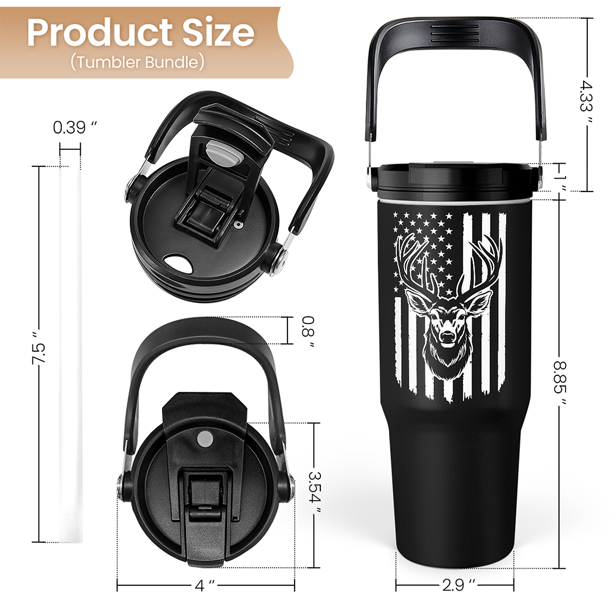 Black Hunting Flip Straw Tumbler with Handle 30oz