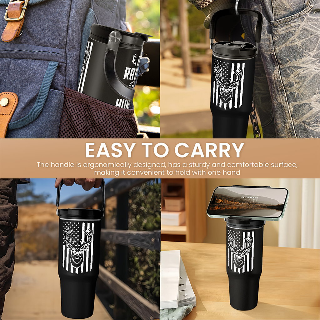 Black Hunting Flip Straw Tumbler with Handle 30oz