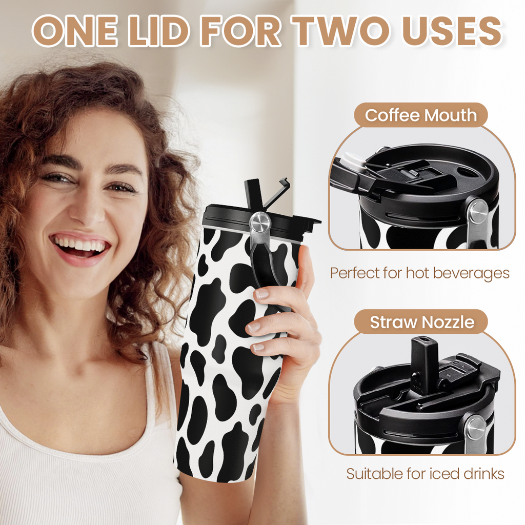 Black Cow Print Flip Straw Tumbler with Handle 30oz