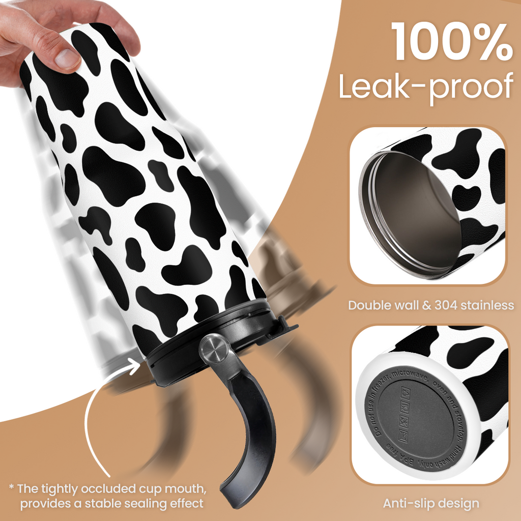 Black Cow Print Flip Straw Tumbler with Handle 30oz