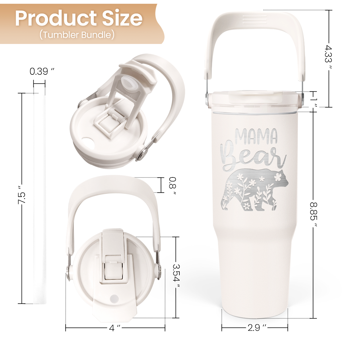 White Mama Bear Flip Straw Tumbler with Handle 30oz