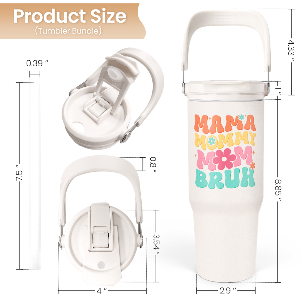 White Funny Mom Mama Bruh Flip Straw Tumbler with Handle 30oz
