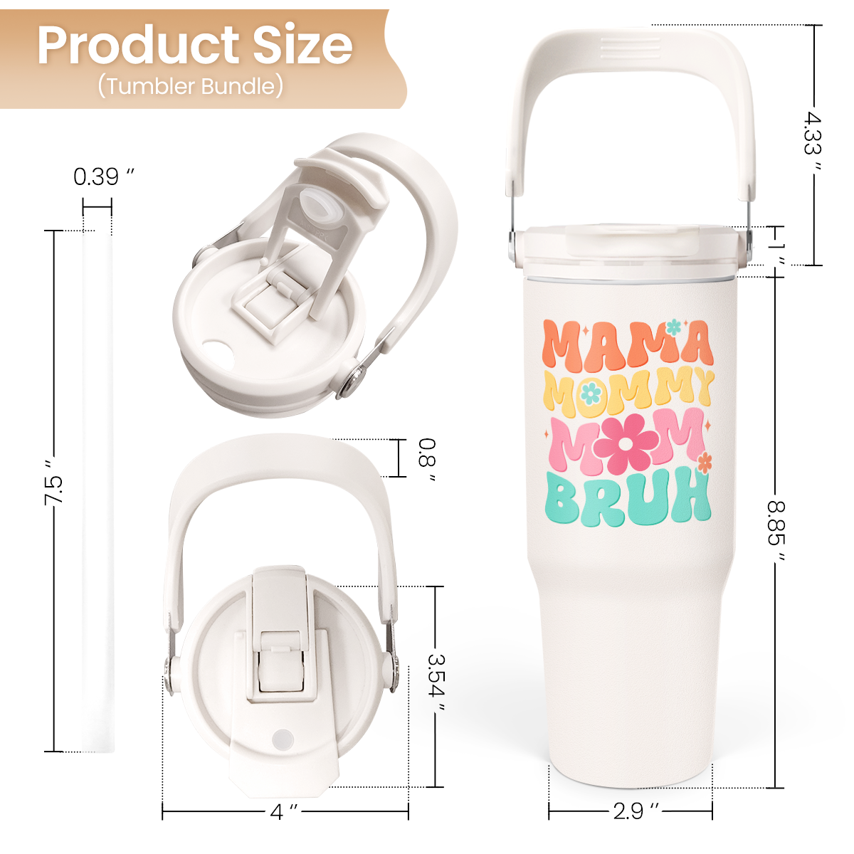 White Funny Mom Mama Bruh Flip Straw Tumbler with Handle 30oz