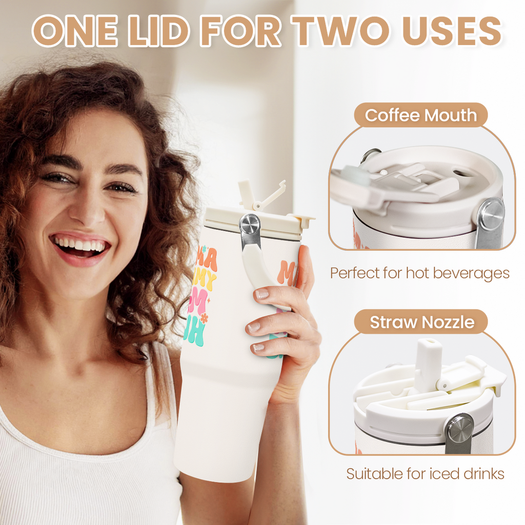 White Funny Mom Mama Bruh Flip Straw Tumbler with Handle 30oz