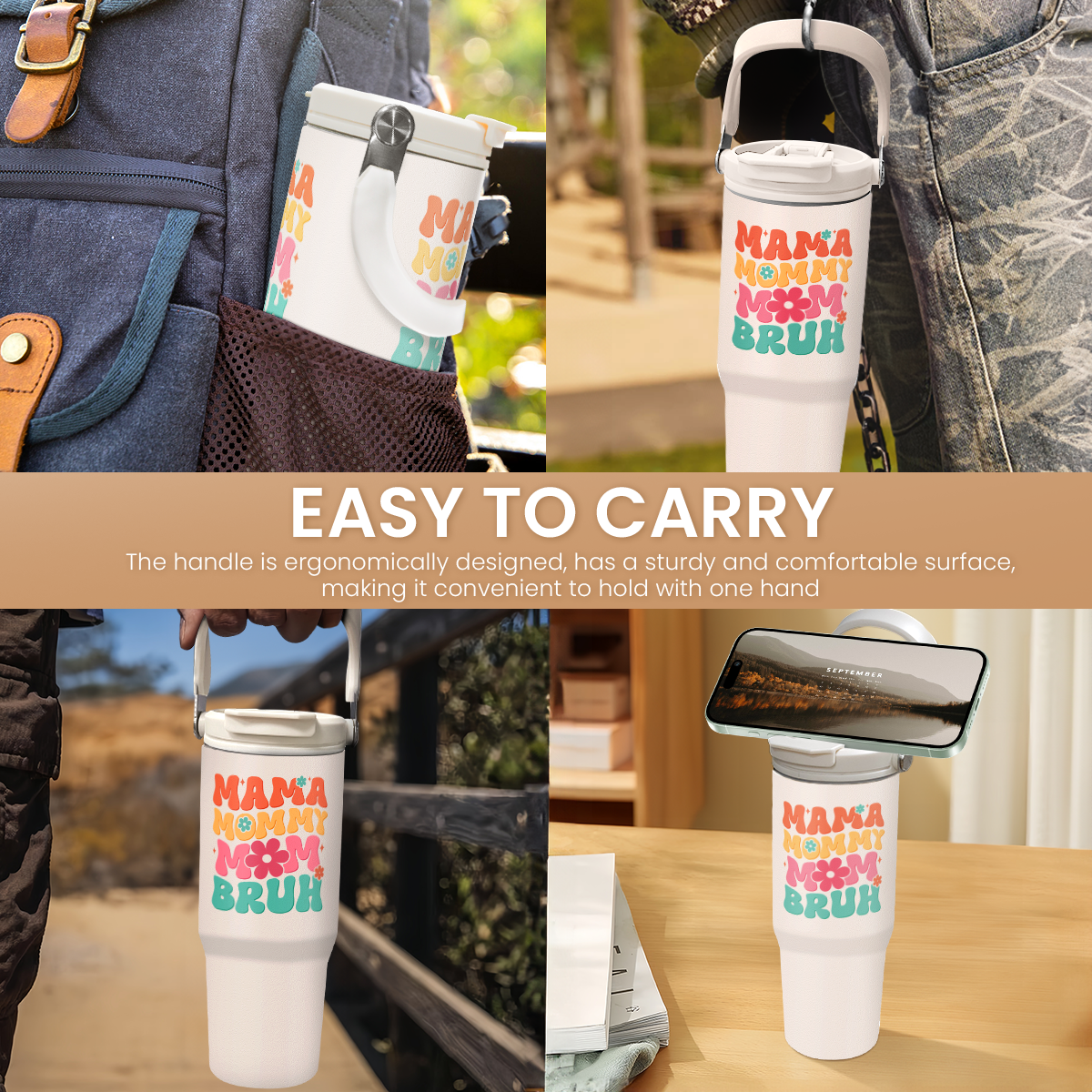 White Funny Mom Mama Bruh Flip Straw Tumbler with Handle 30oz