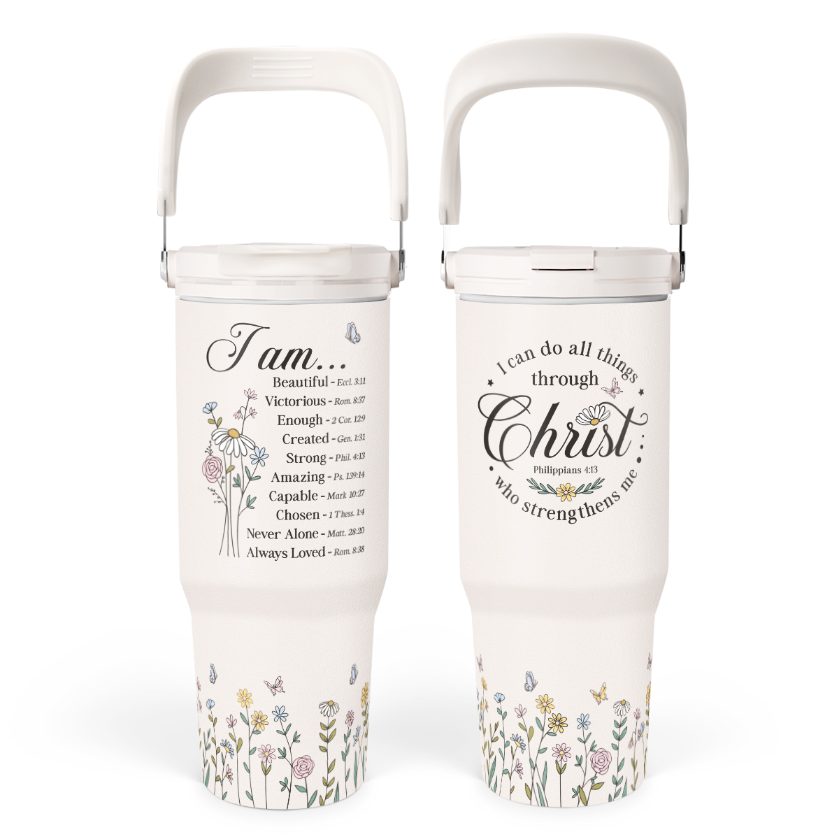 White Christian Flip Straw Tumbler with Handle 30oz