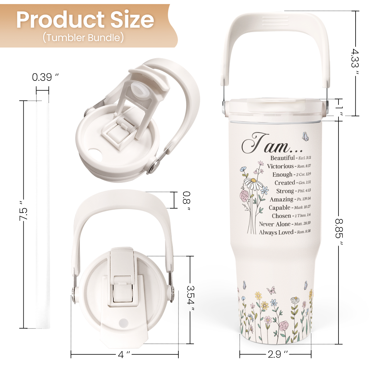 White Christian Flip Straw Tumbler with Handle 30oz
