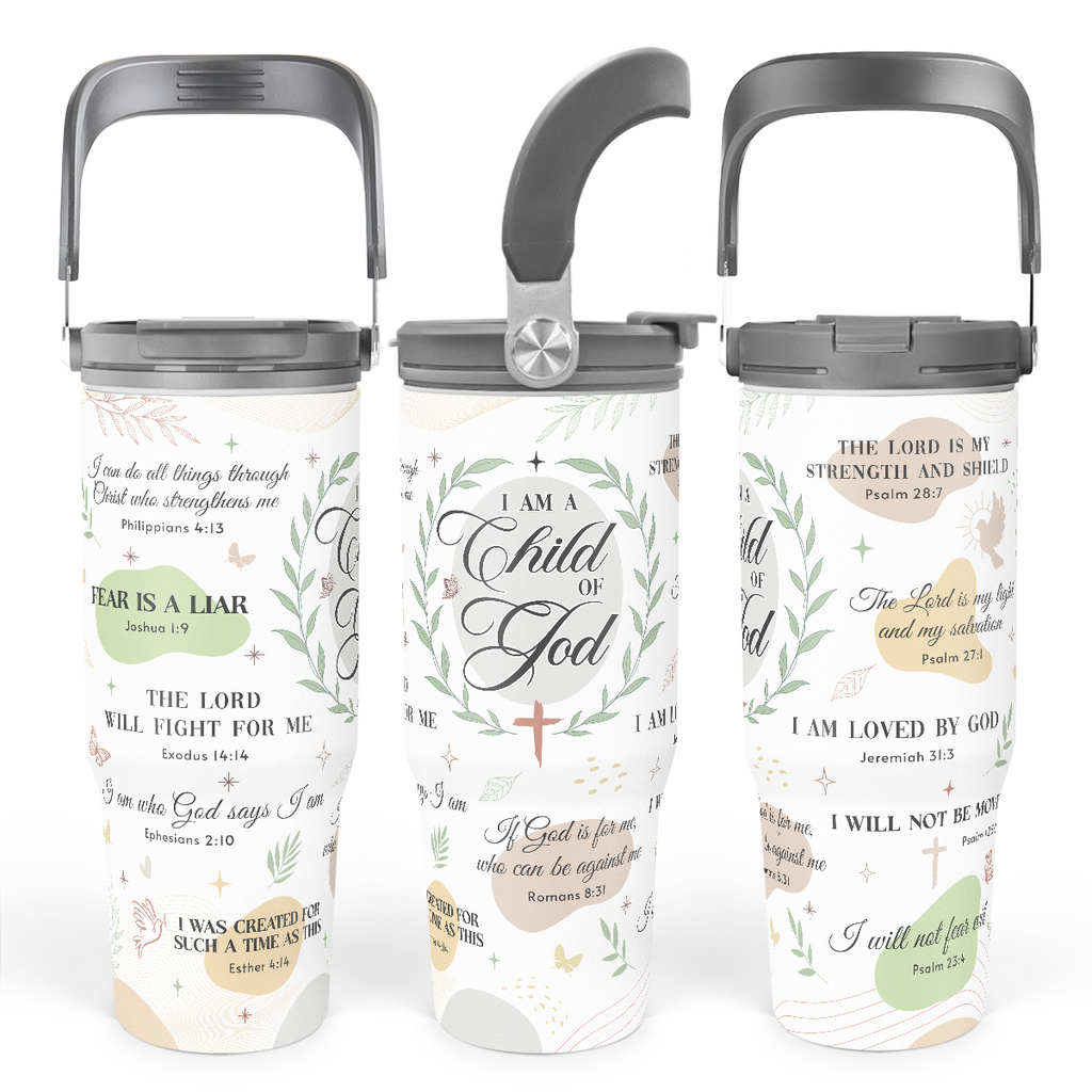 White Christian Flip Straw Tumbler with Handle 30oz