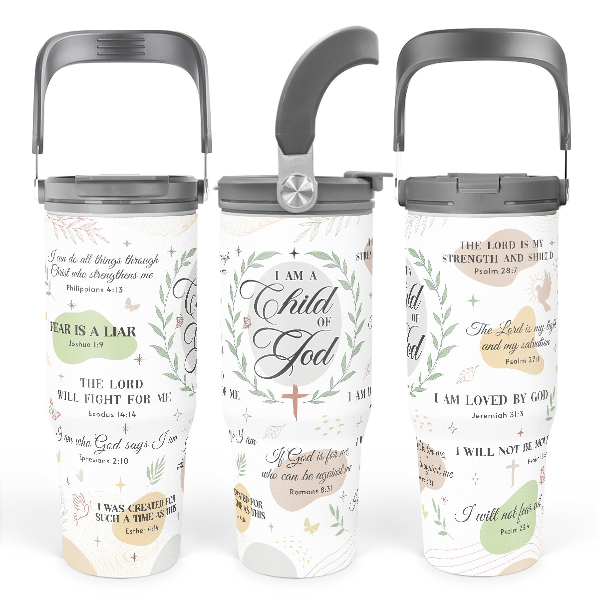 White Christian Flip Straw Tumbler with Handle 30oz