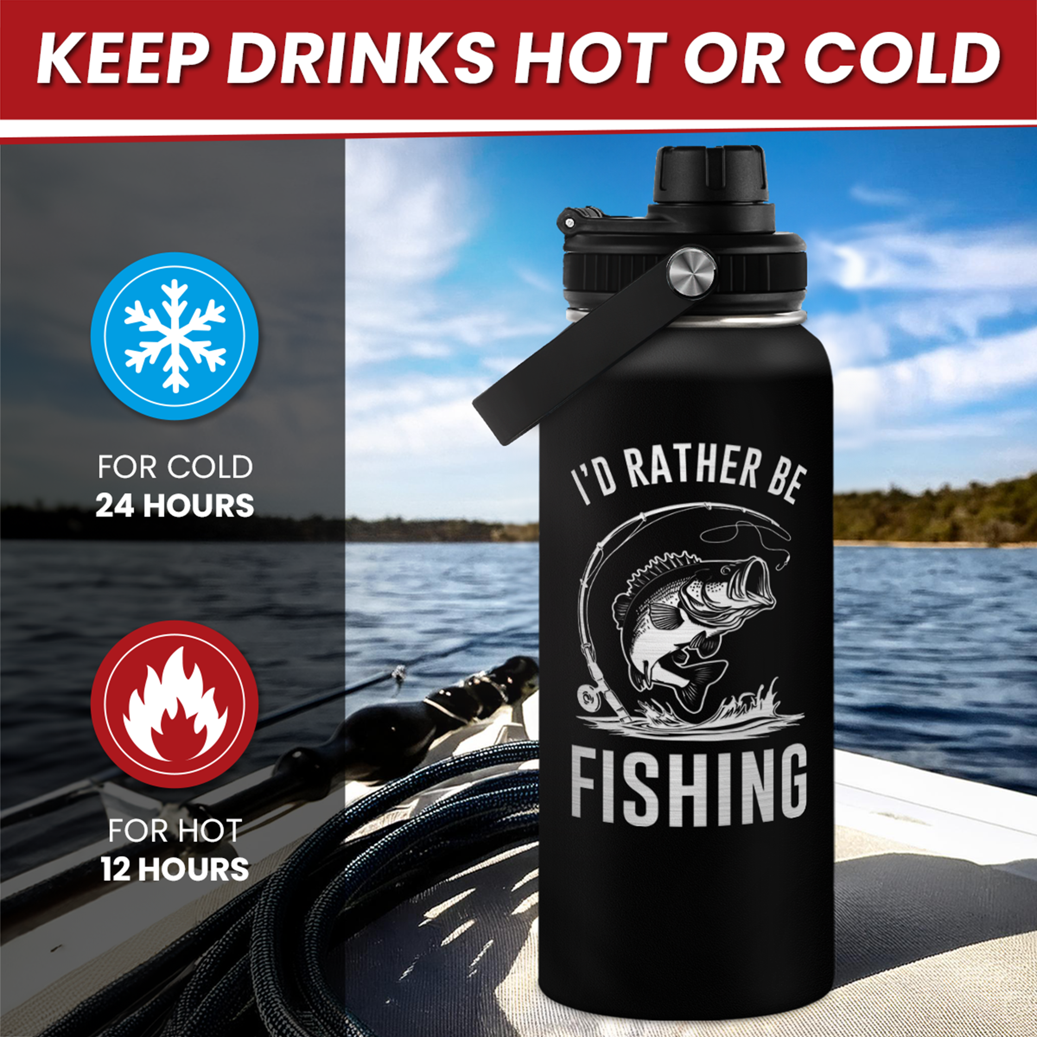 Black Fishing Chug Lid Water Bottle 32oz