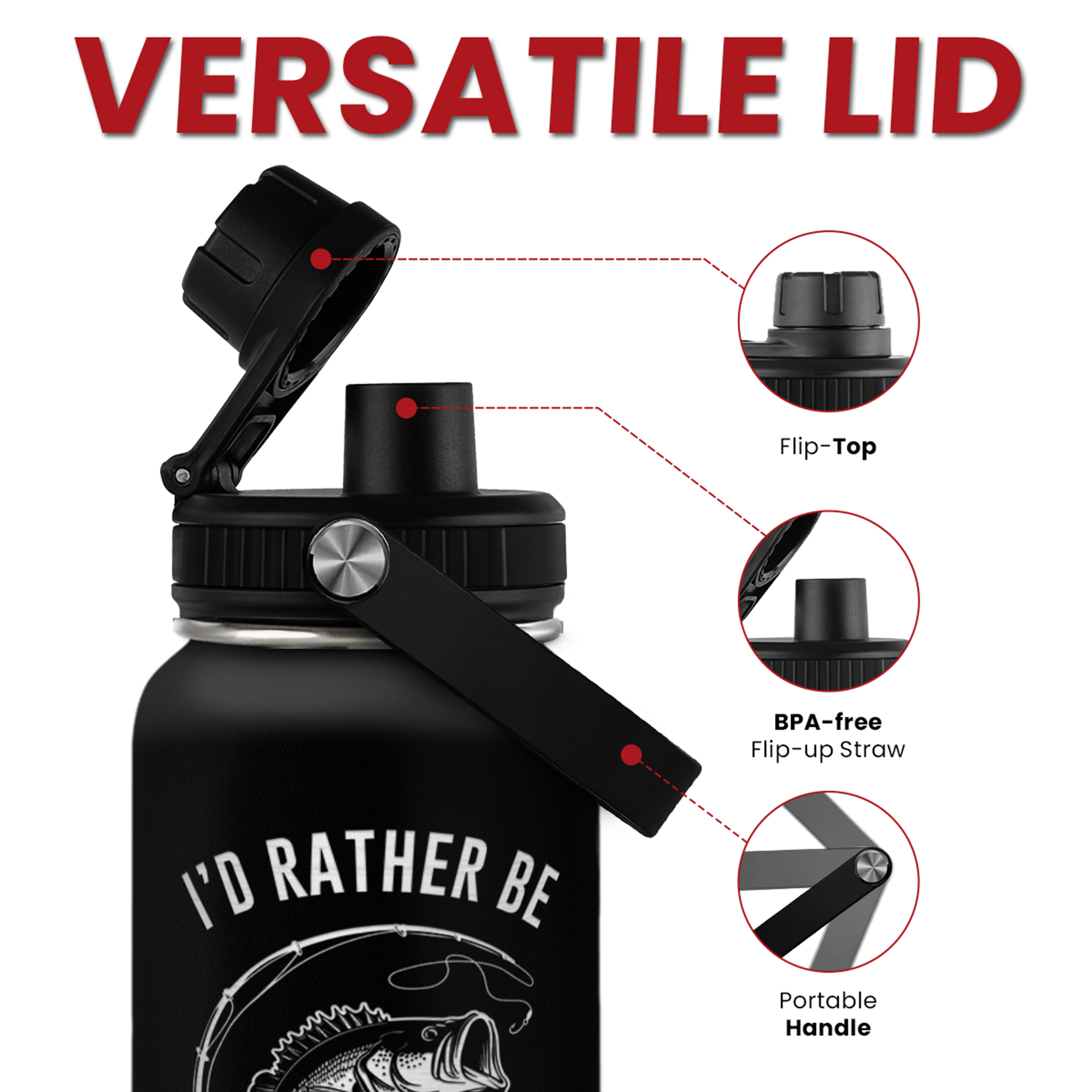 Black Fishing Chug Lid Water Bottle 32oz